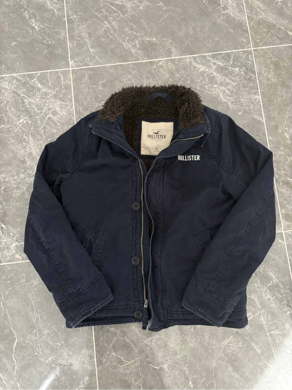 Hollister Navy Jacket with Brown Sherpa Lining